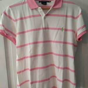 White polo shirt, pink stripes